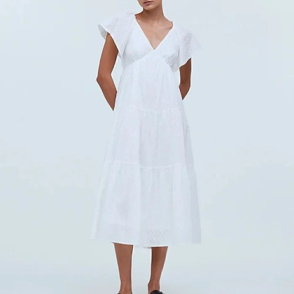 Madewell White Tie-Back Flutter-Sleeve Tiered Midi Dress NWT size 0